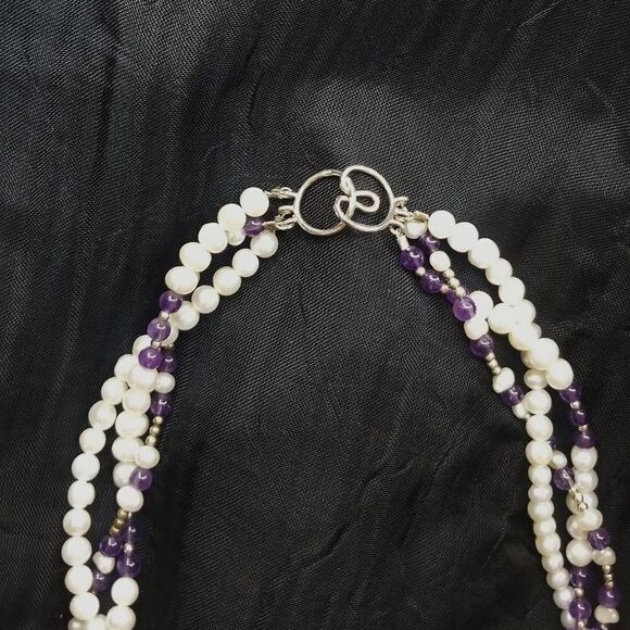17.5" Triple Strand Pearl & Amethyst Necklace - Picture 3 of 4